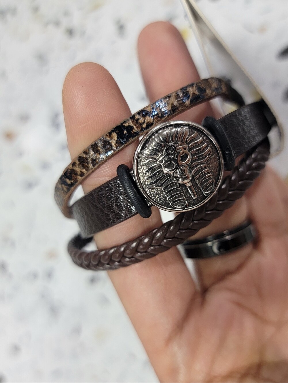Mens Brown Leather Multi-Strap Bracelet with Egyptian Medallion